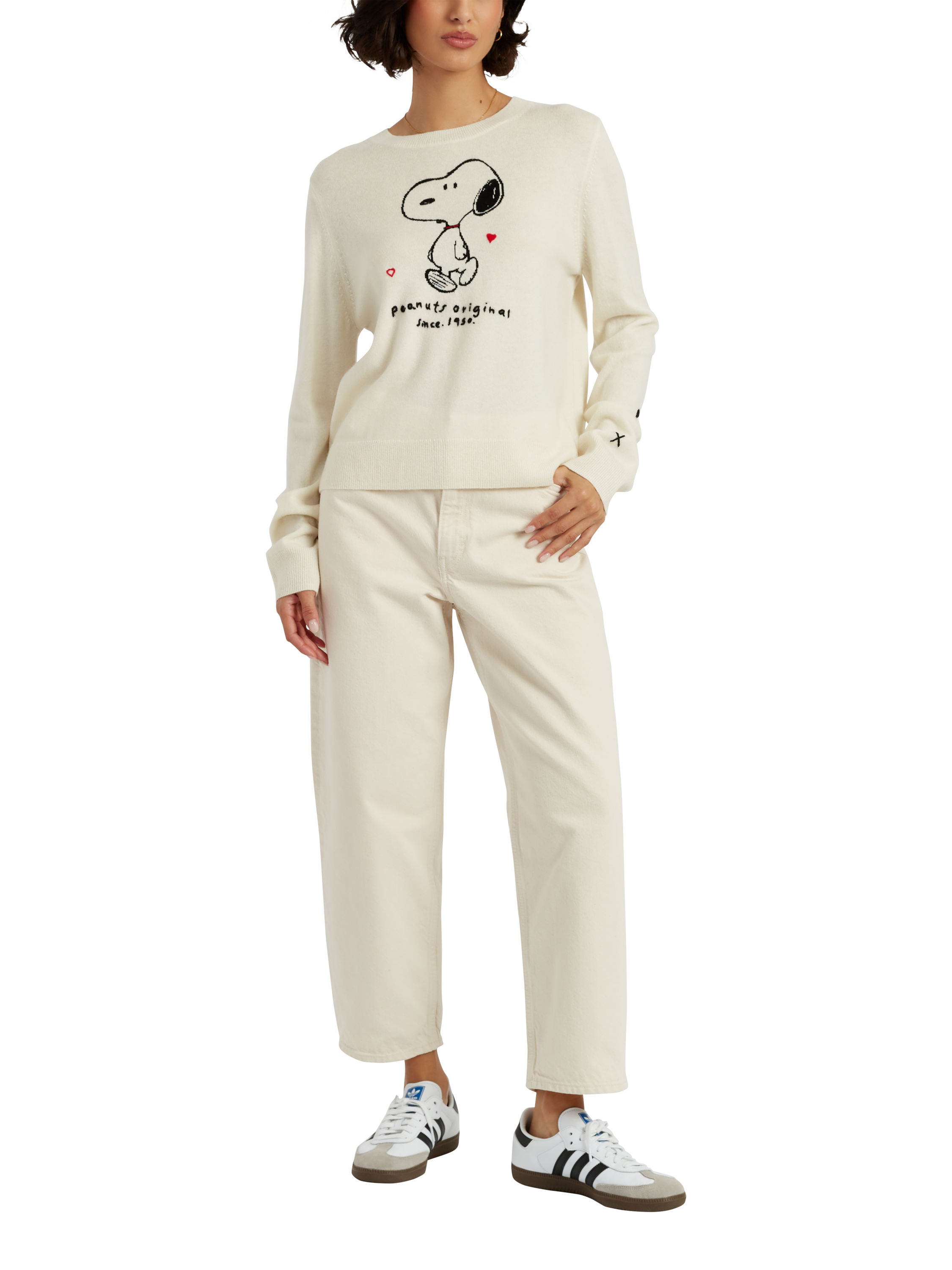 Product image 1 of 4, which shows Chinti & Parker Snoopy Hearts Wool Rich Jumper, Cream, XS