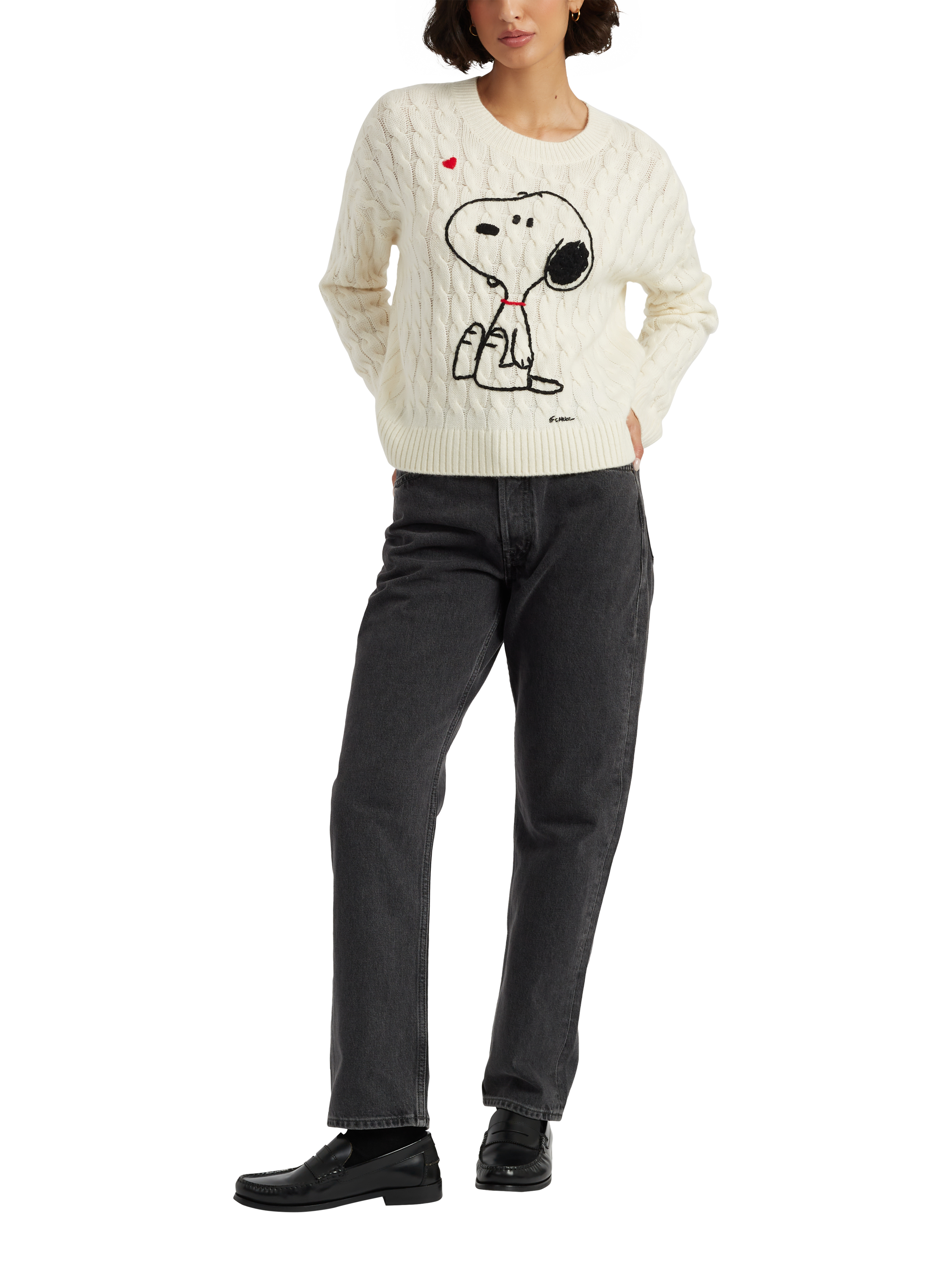 Product image 1 of 4, which shows Chinti & Parker Snoopy Heart Wool Rich Cable Knit Jumper, Cream, XS