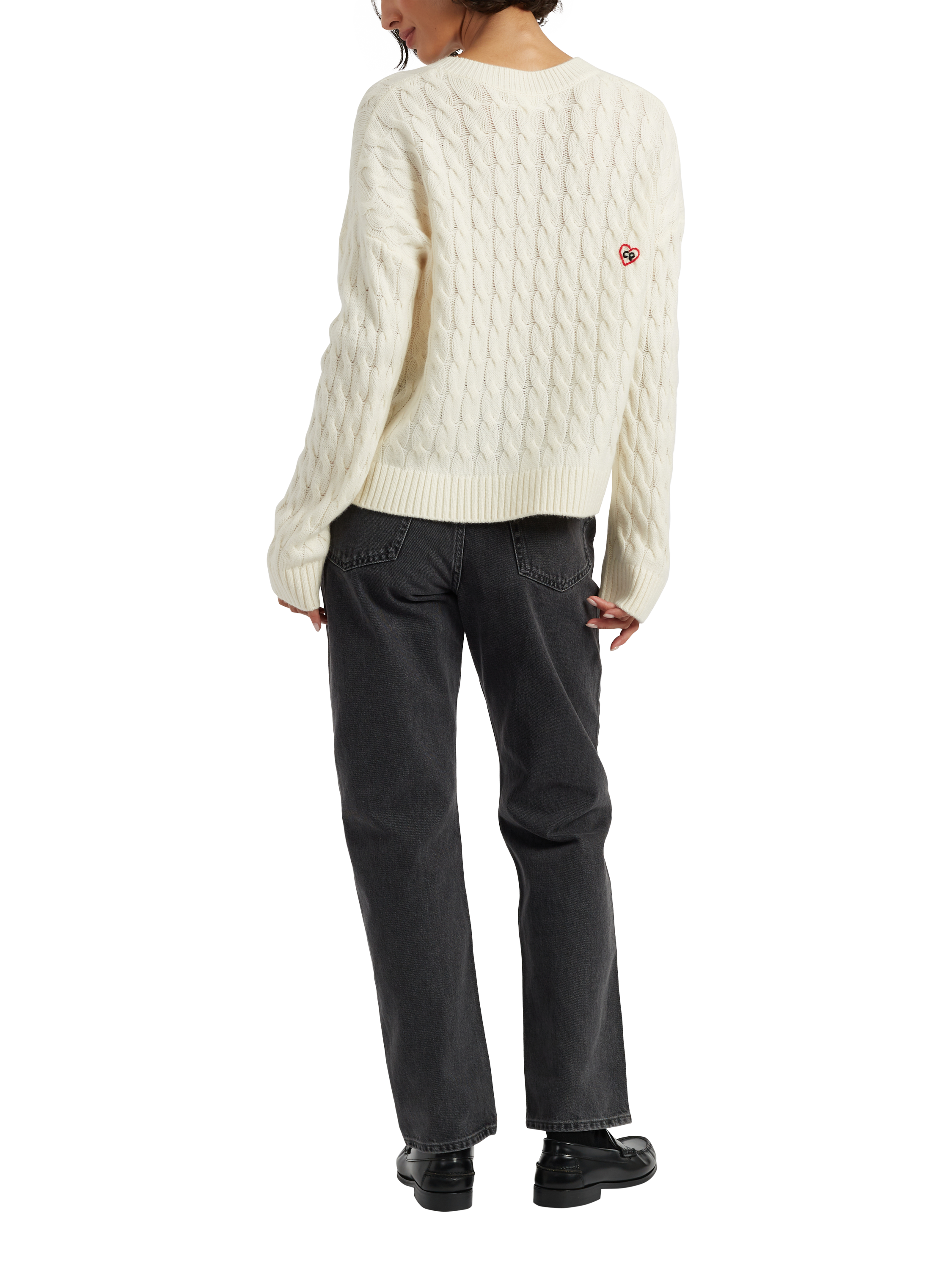 Product image 2 of 4, which shows Chinti & Parker Snoopy Heart Wool Rich Cable Knit Jumper, Cream, XS