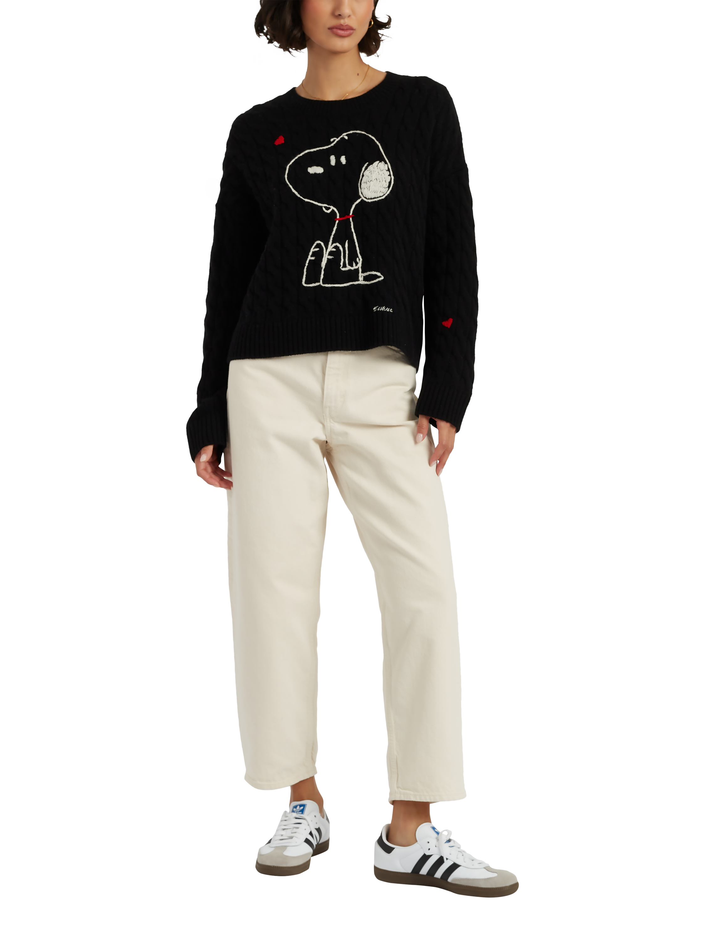 Product image 1 of 4, which shows Chinti & Parker Snoopy Heart Wool Rich Cable Knit Jumper, Black, L