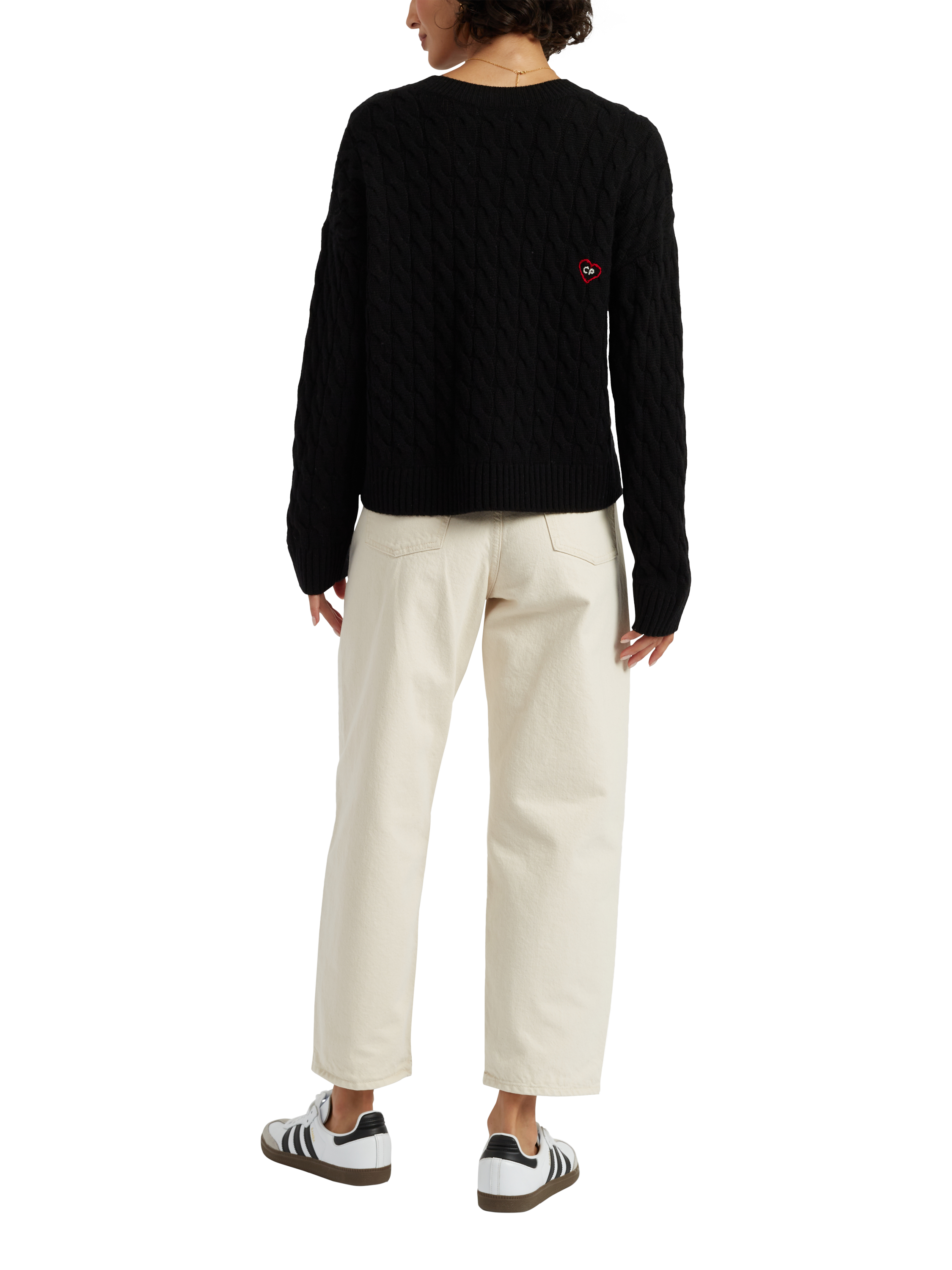 Product image 2 of 4, which shows Chinti & Parker Snoopy Heart Wool Rich Cable Knit Jumper, Black, L