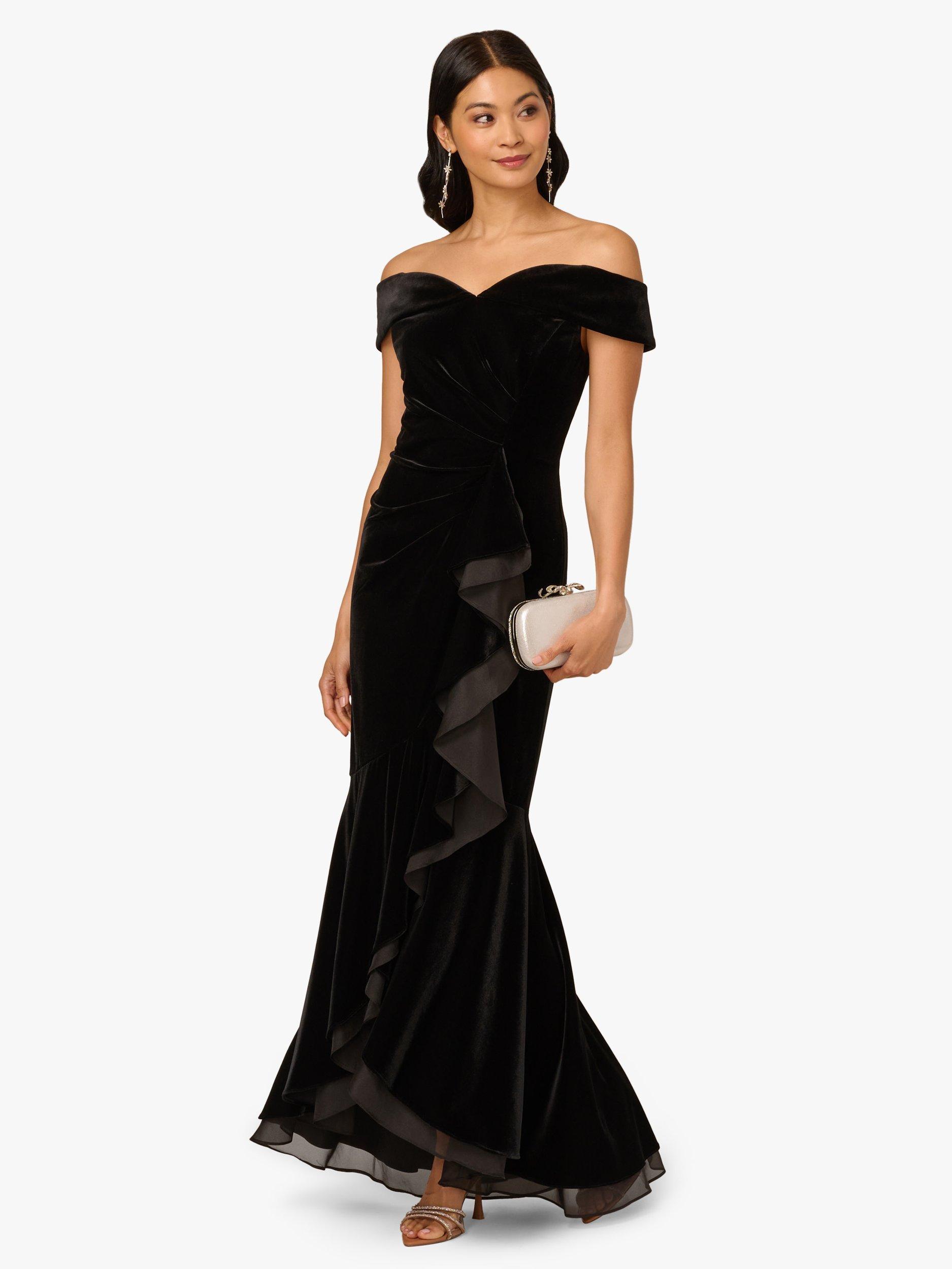 Product image 3 of 6, which shows Adrianna Papell Bardot Neck Velvet Mermaid Gown, Black, 6