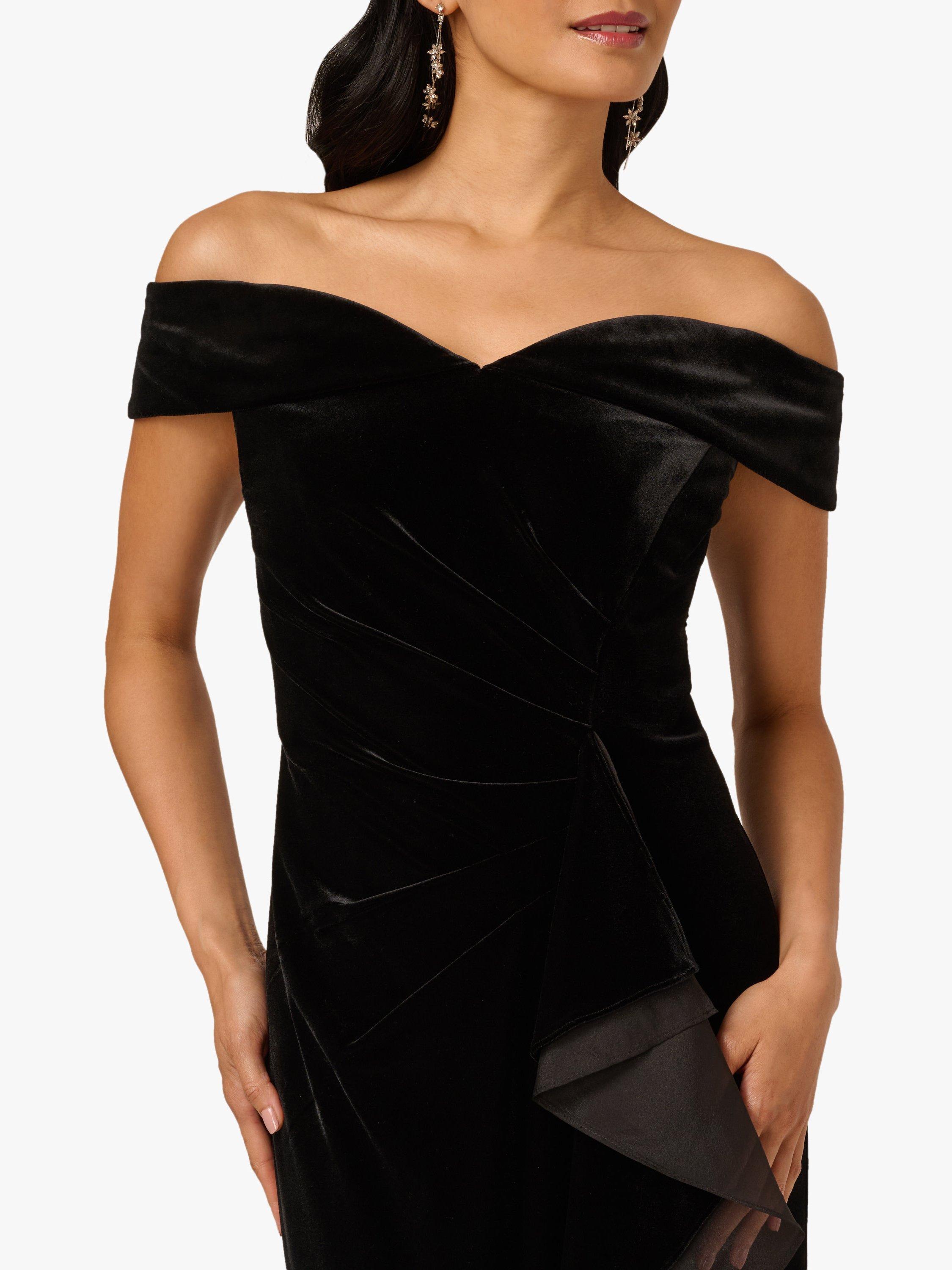Product image 4 of 6, which shows Adrianna Papell Bardot Neck Velvet Mermaid Gown, Black, 6
