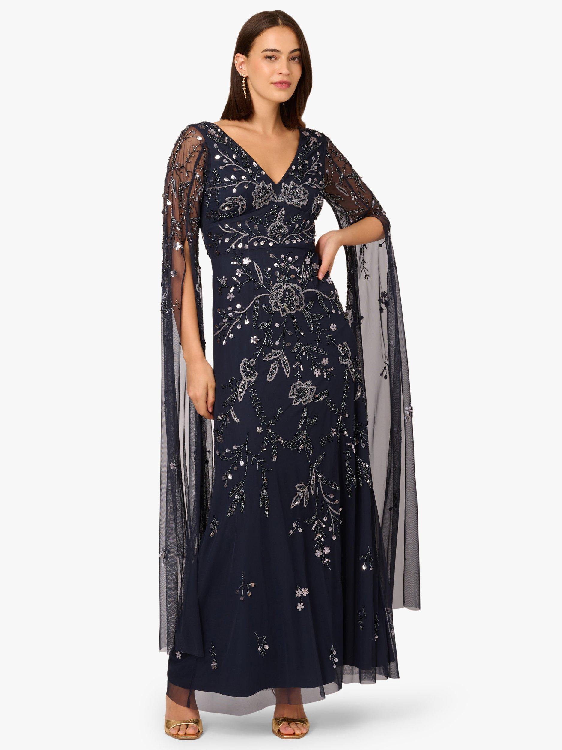Product image 1 of 6, which shows Adrianna Papell Floral Beaded Split Sleeve Maxi Dress, Navy/Gunmetal, 6