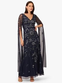 Adrianna Papell Floral Beaded Split Sleeve Maxi Dress, Navy/Gunmetal, Navy/Gunmetal