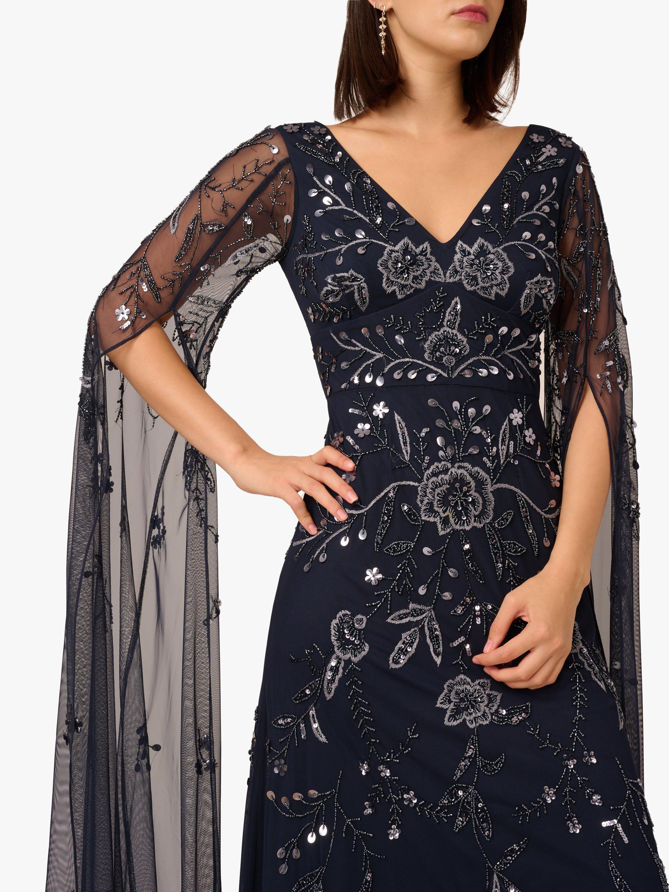 Product image 4 of 6, which shows Adrianna Papell Floral Beaded Split Sleeve Maxi Dress, Navy/Gunmetal, 6