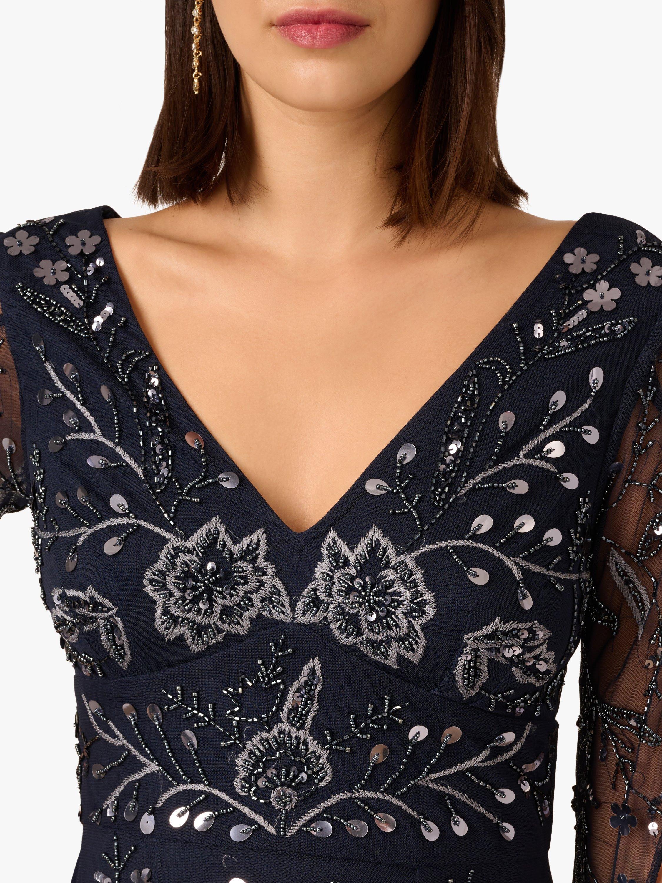 Product image 5 of 6, which shows Adrianna Papell Floral Beaded Split Sleeve Maxi Dress, Navy/Gunmetal, 6