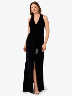 Adrianna Papell Draped Velvet Halterneck Dress, Midnight, Midnight
