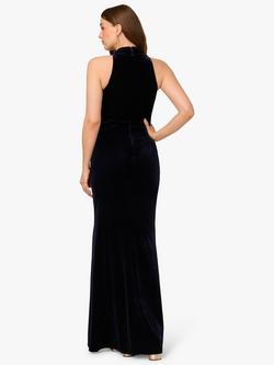 Adrianna Papell Draped Velvet Halterneck Dress, Midnight - view 2, Midnight