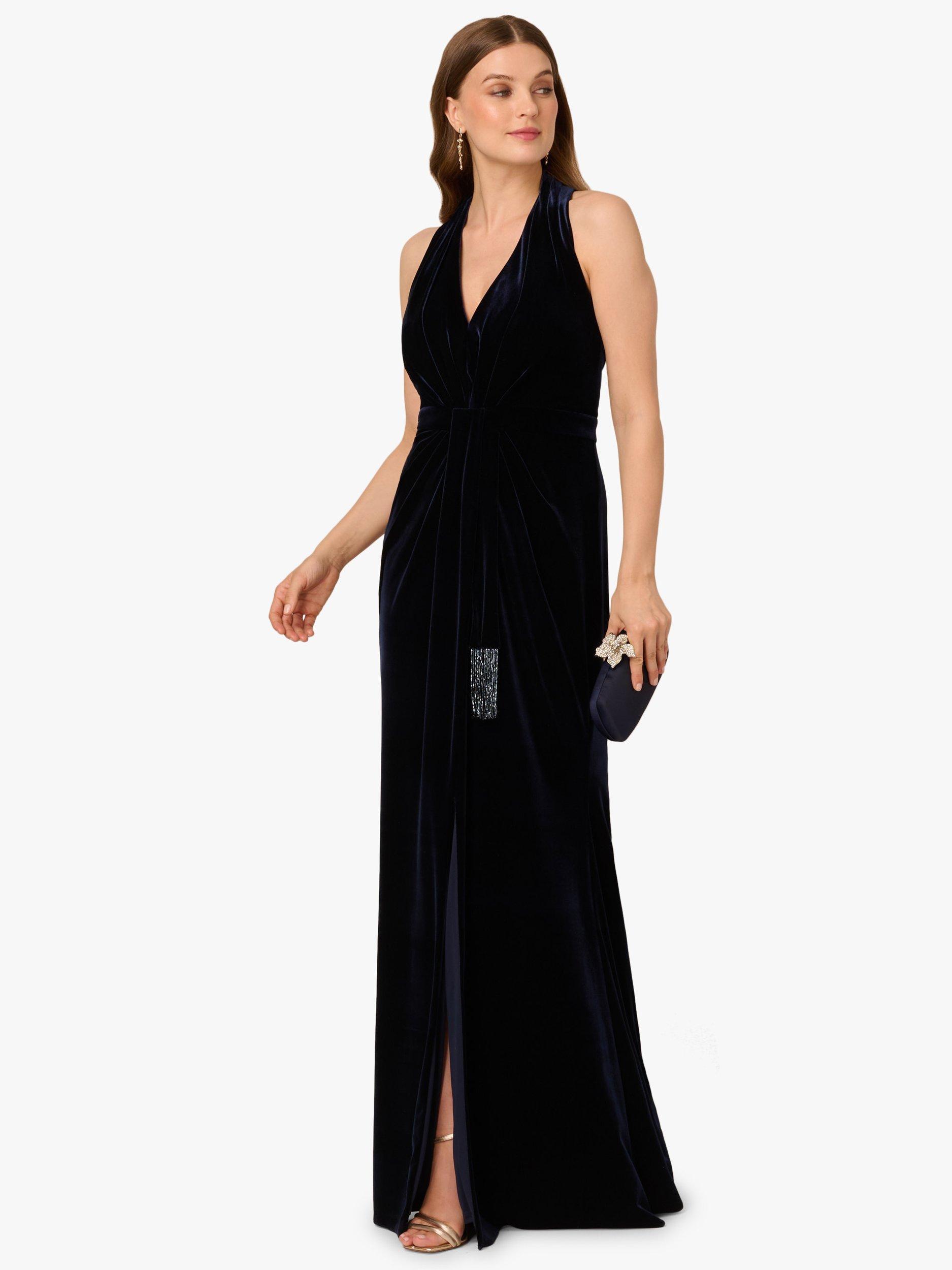 Product image 3 of 6, which shows Adrianna Papell Draped Velvet Halterneck Dress, Midnight, 6