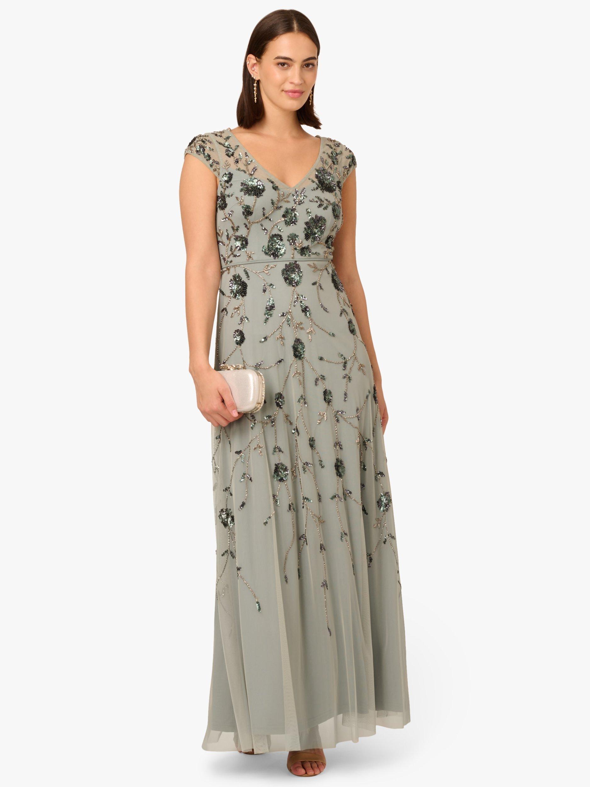 Product image 3 of 6, which shows Adrianna Papell Floral Beaded Cap Sleeve Maxi Dress, Sage, 6