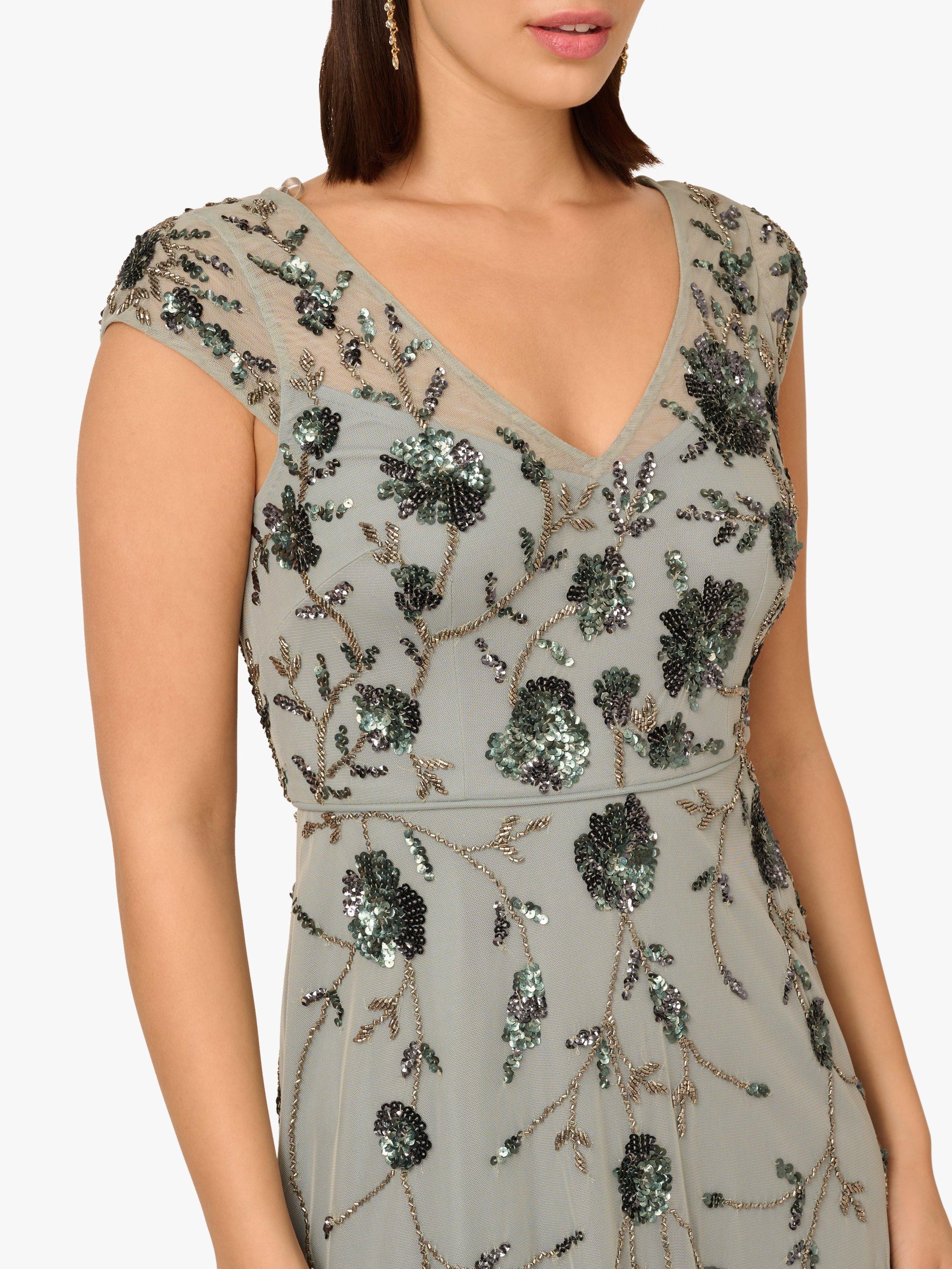 Product image 4 of 6, which shows Adrianna Papell Floral Beaded Cap Sleeve Maxi Dress, Sage, 6