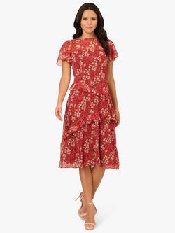 Adrianna Papell Floral Crinkle Chiffon Dress, Mocha/Multi, Mocha/Multi