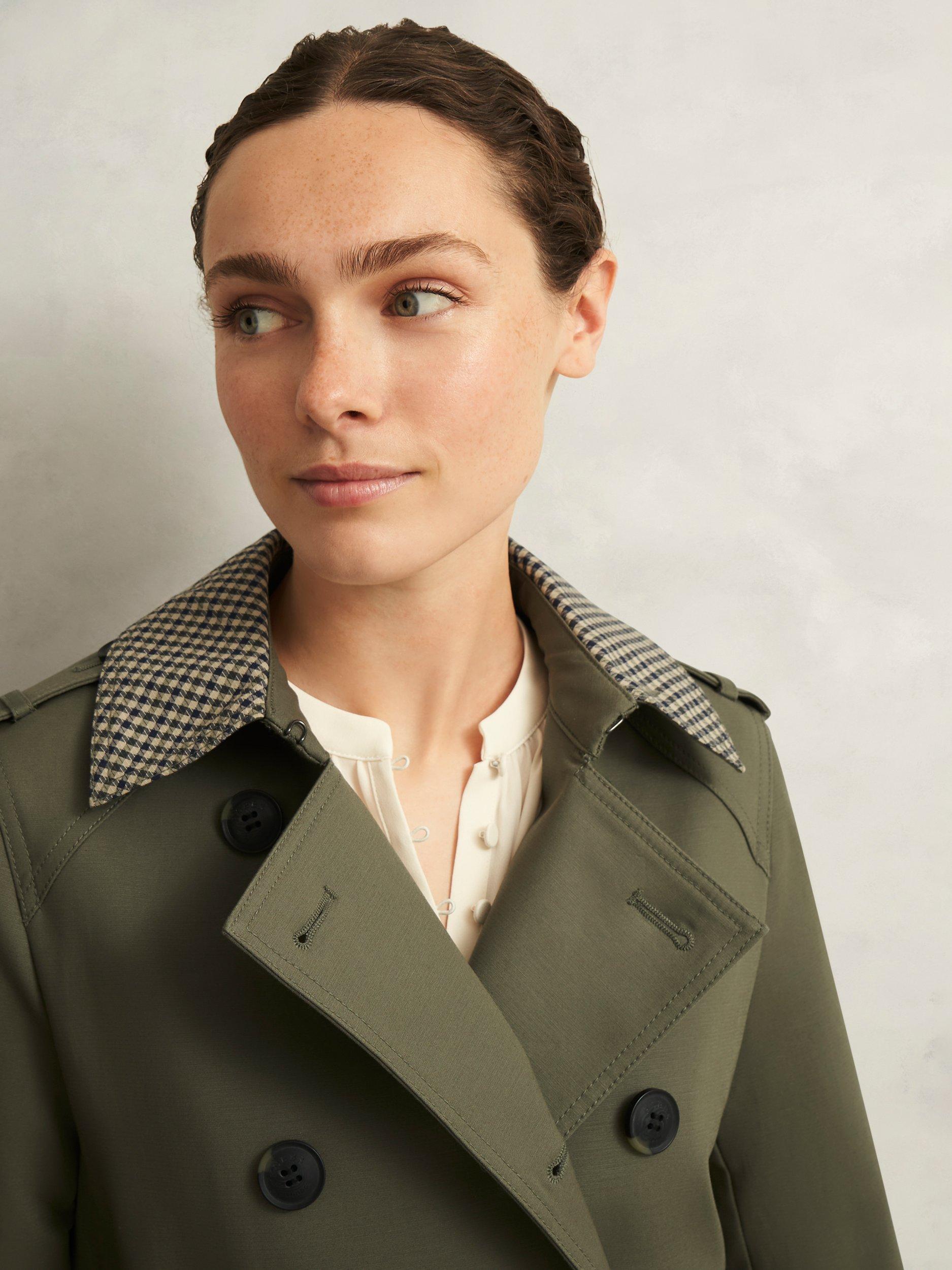 Product image 4 of 6, which shows Hobbs Etty Check Collar Trench Coat, Olive Green, 10