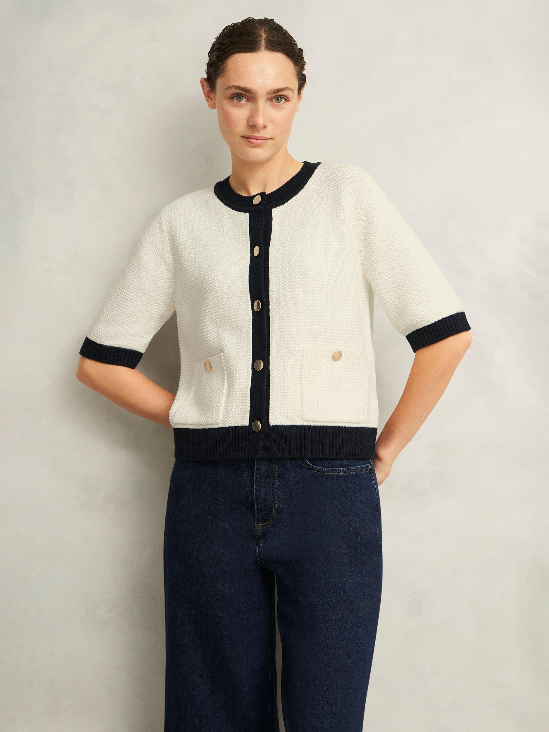 Product image 1 of 6, which shows Hobbs Emily Contrast Trim Cardigan, Ivory/Navy, M