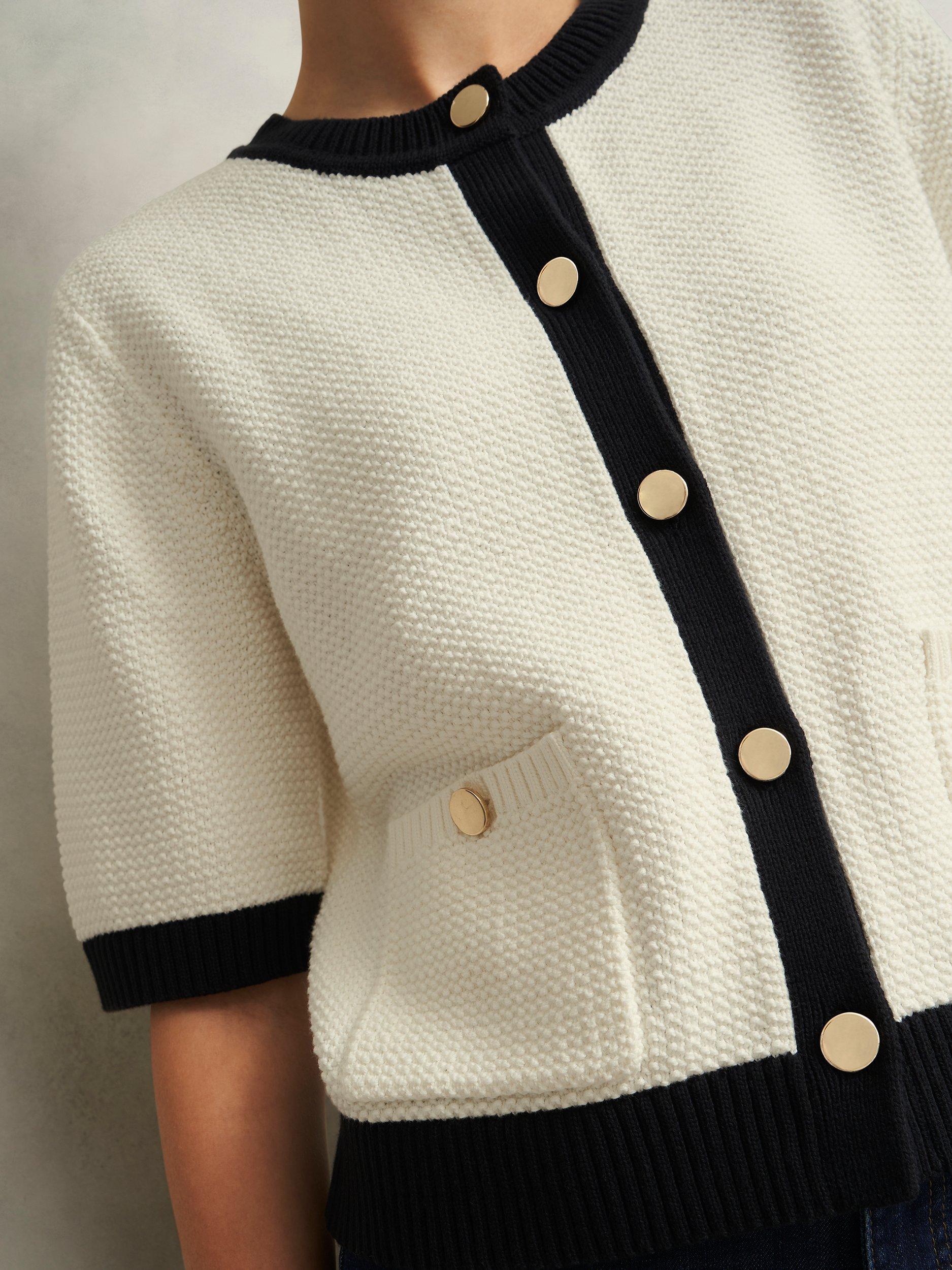 Product image 3 of 6, which shows Hobbs Emily Contrast Trim Cardigan, Ivory/Navy, M