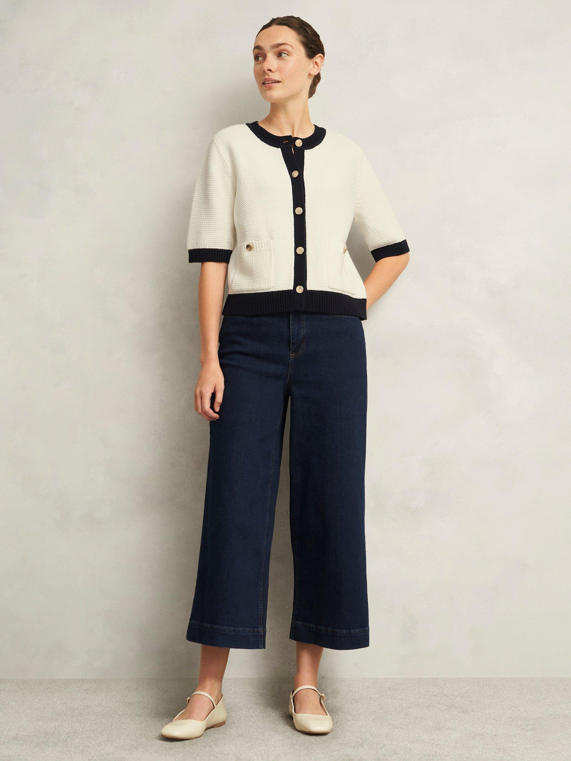 Product image 5 of 6, which shows Hobbs Emily Contrast Trim Cardigan, Ivory/Navy, M