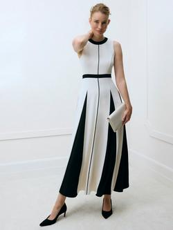 Hobbs Jenn Colour Block Godet Dress, Cream/Black, Cream/Black