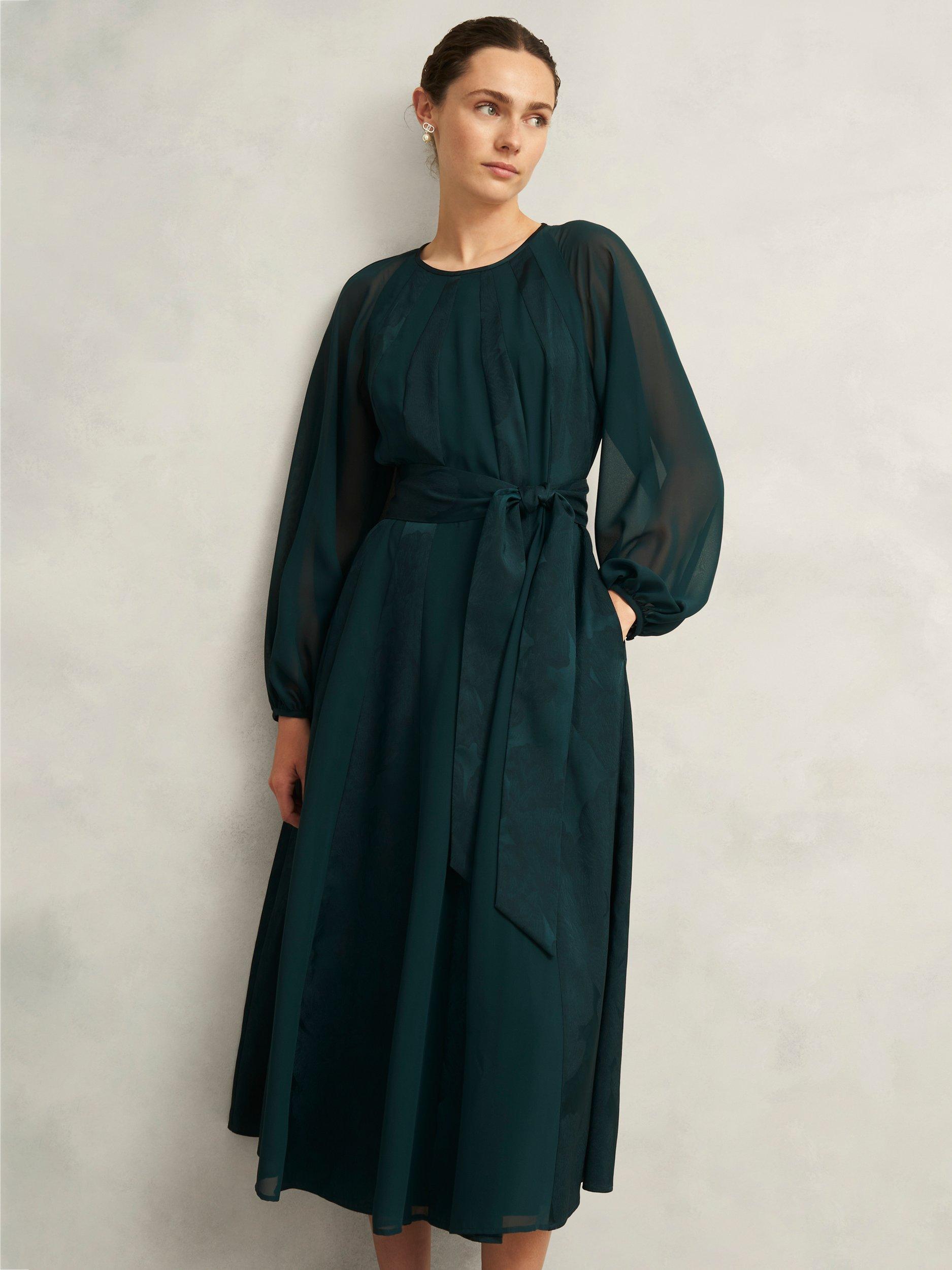Product image 5 of 6, which shows Hobbs Loren Belted Midi Dress, Evergreen, 12