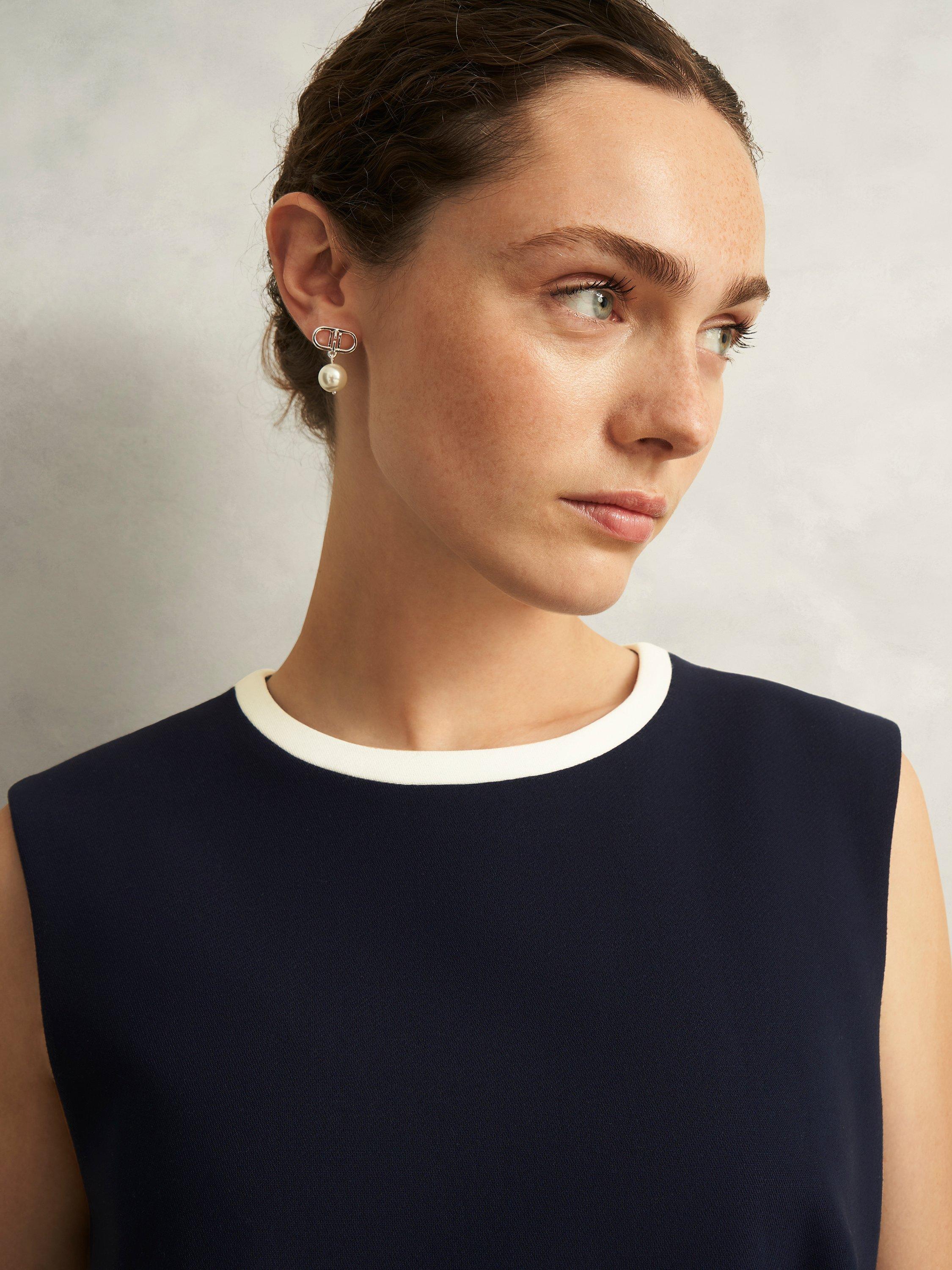 Product image 3 of 6, which shows Hobbs Sally Contrast Trim Shift Dress, Navy/Ivory, 10