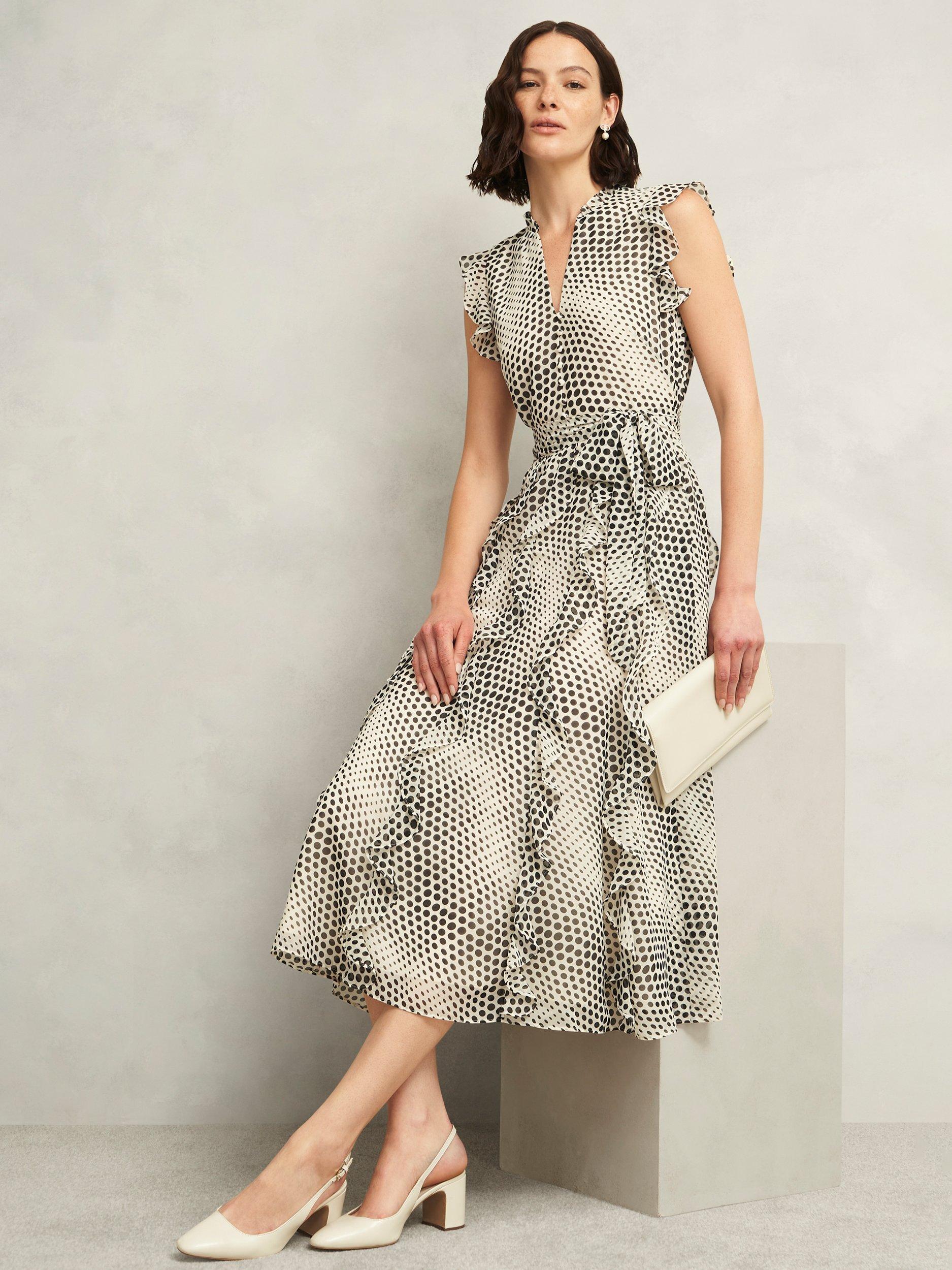 Product image 1 of 5, which shows Hobbs Petite Nina Polka Dot Midi Dress, Cream/Black, 10