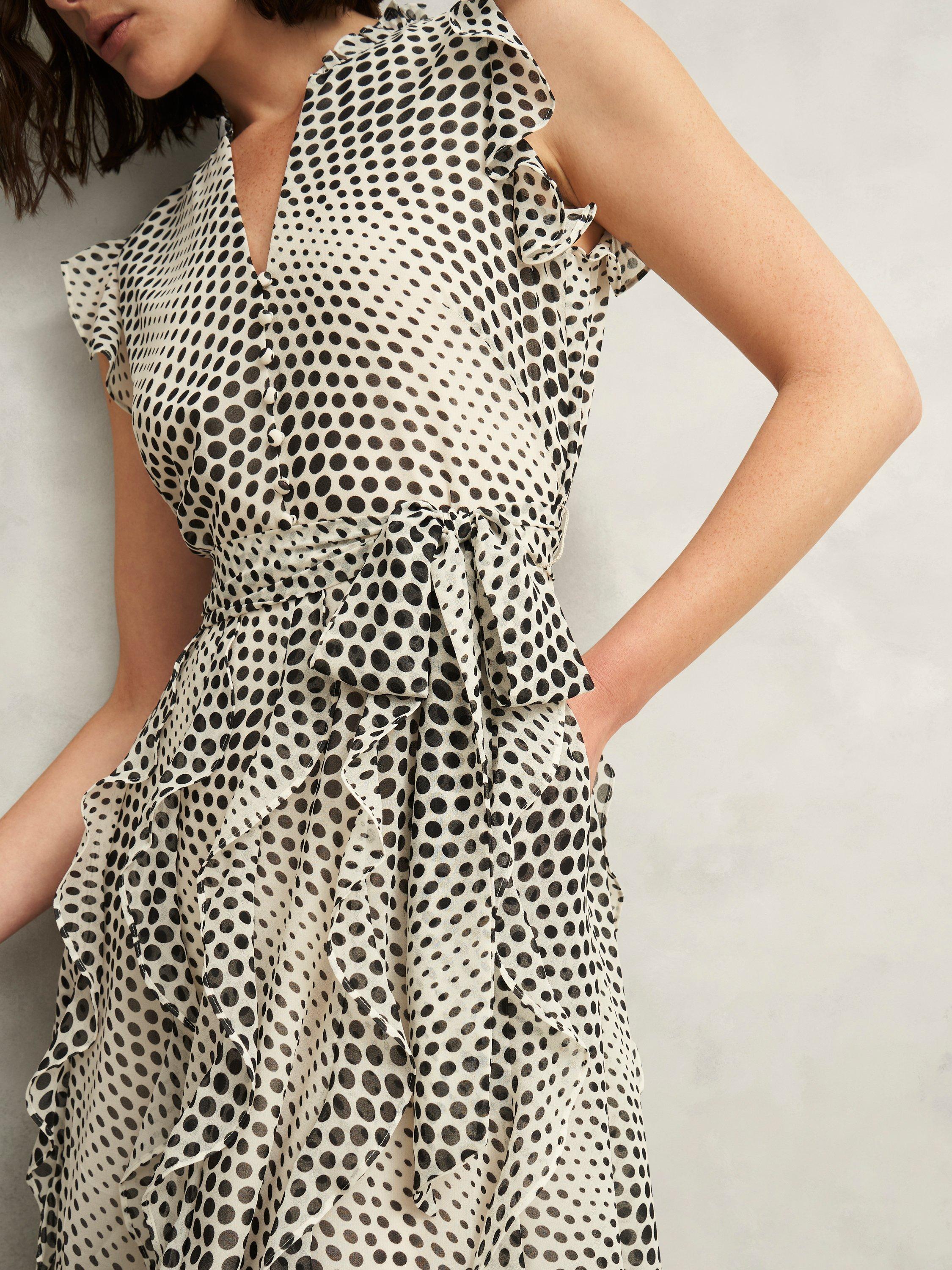 Product image 2 of 5, which shows Hobbs Petite Nina Polka Dot Midi Dress, Cream/Black, 10