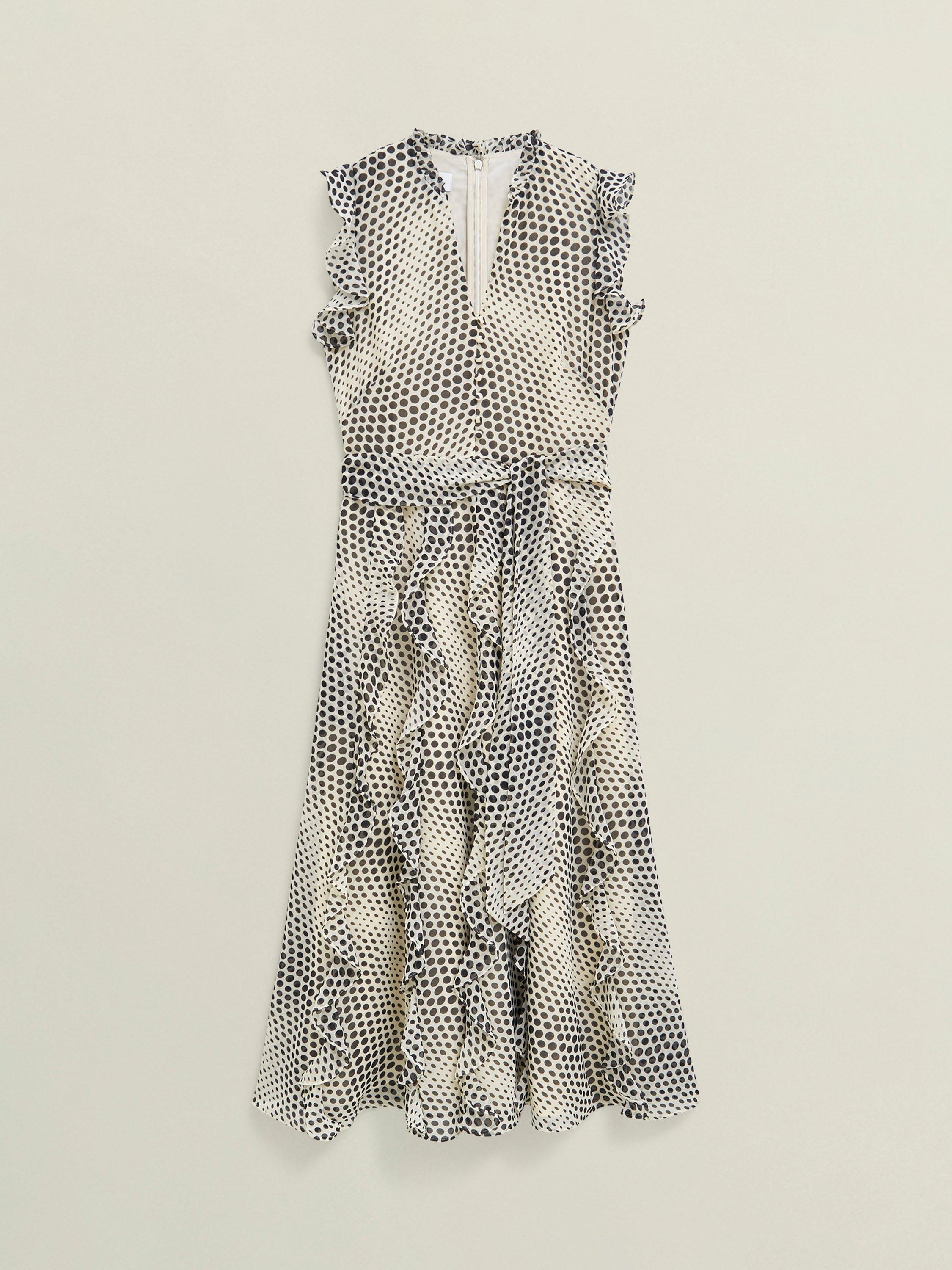 Product image 3 of 5, which shows Hobbs Petite Nina Polka Dot Midi Dress, Cream/Black, 10