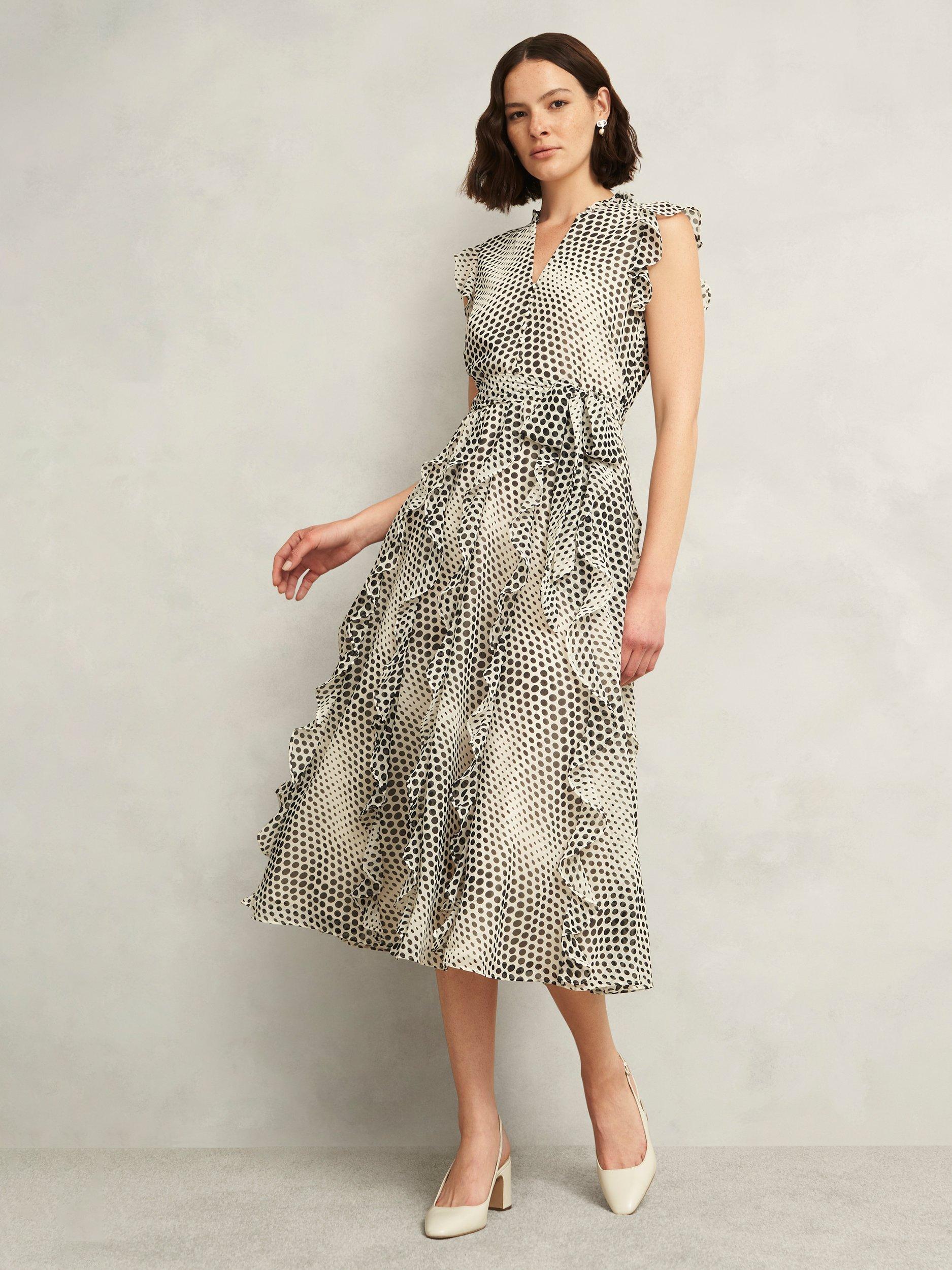 Product image 4 of 5, which shows Hobbs Petite Nina Polka Dot Midi Dress, Cream/Black, 10