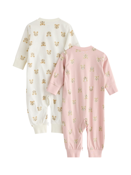 Lindex Baby Cotton Zipped Animal Print Pyjama Set, Light Dusty Pink - view 2, Light Dusty Pink