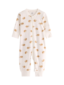 Lindex Baby Cotton Zip Front Hedgehog Print Pyjama Suit, Light Dusty White, Light Dusty White