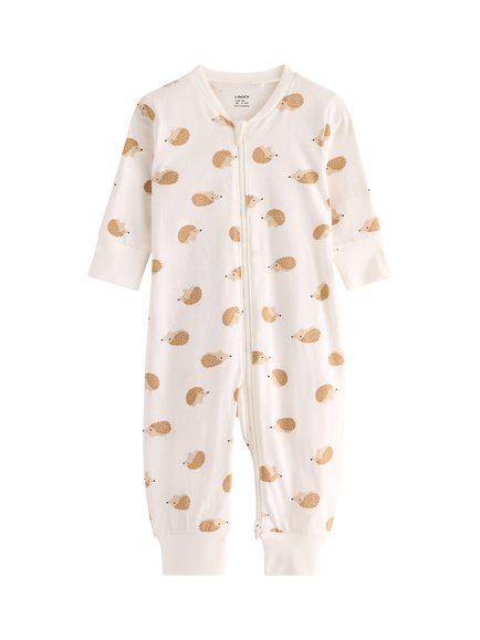 Lindex Baby Cotton Zip Front Hedgehog Print Pyjama Suit, Light Dusty White, Light Dusty White