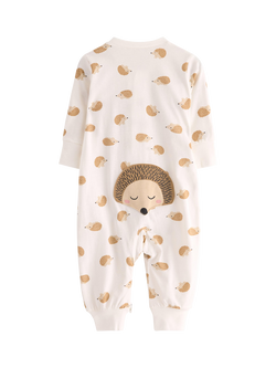 Lindex Baby Cotton Zip Front Hedgehog Print Pyjama Suit, Light Dusty White - view 2, Light Dusty White