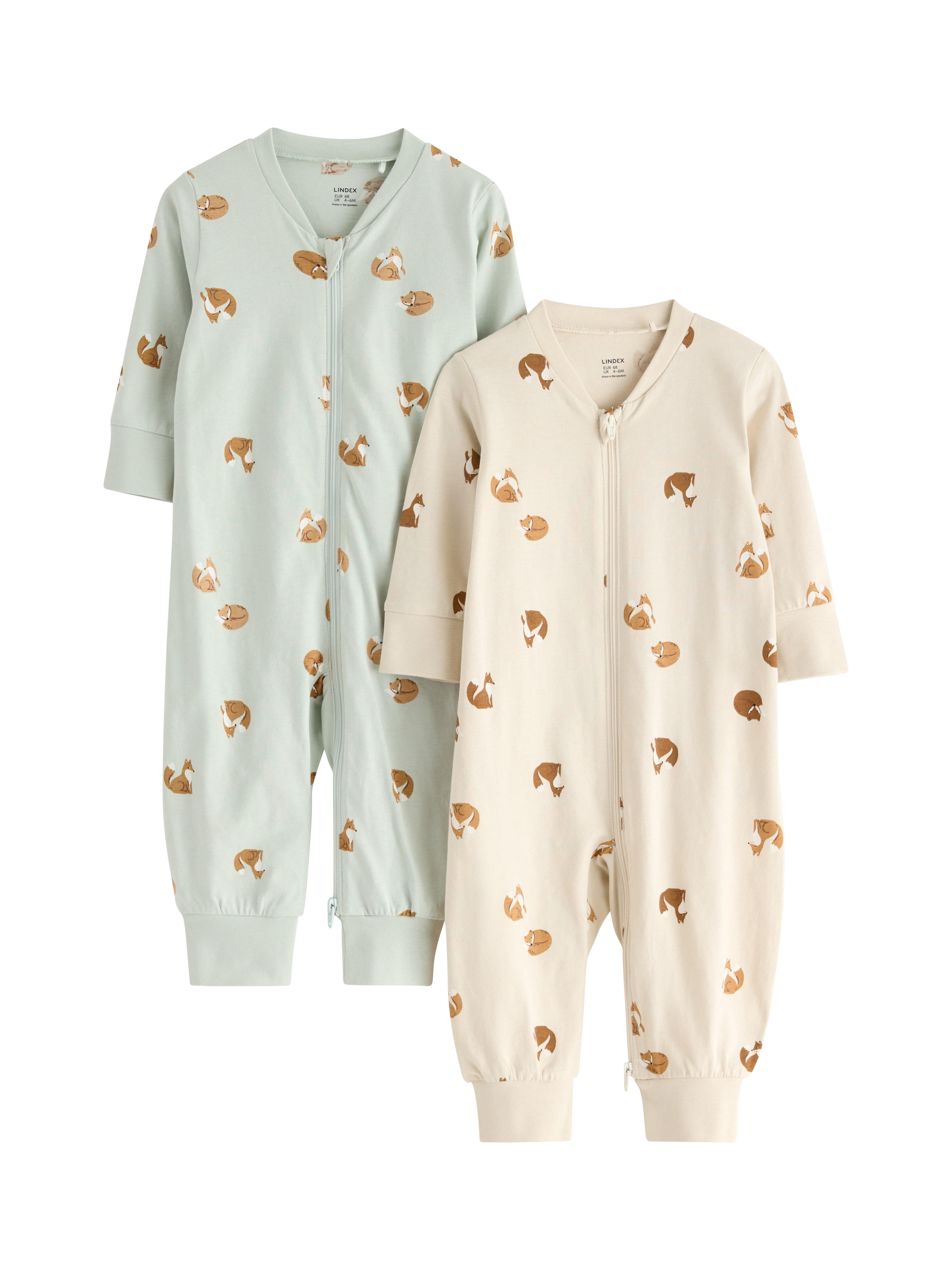 Product image 1 of 3, which shows Lindex Baby Cotton Zip Front Fox Print Pyjama Suit Set, Light Aqua, 2-4 months