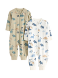 Lindex Baby Cotton Zip Front Dinosaur Print Pyjama Suit Set, Light Dusty Green