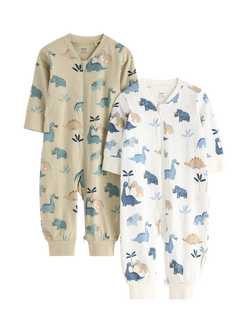 Lindex Baby Cotton Zip Front Dinosaur Print Pyjama Suit Set, Light Dusty Green, Light Dusty Green