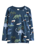 Lindex Kids' Cotton Long Sleeved Dinosaur Print Top, Dark Blue