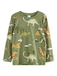 Lindex Kids' Cotton Long Sleeved Dinosaur Print Top, Light Dusty Green