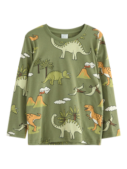 Lindex Kids' Cotton Long Sleeved Dinosaur Print Top, Light Dusty Green, Light Dusty Green