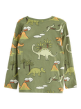 Lindex Kids' Cotton Long Sleeved Dinosaur Print Top, Light Dusty Green