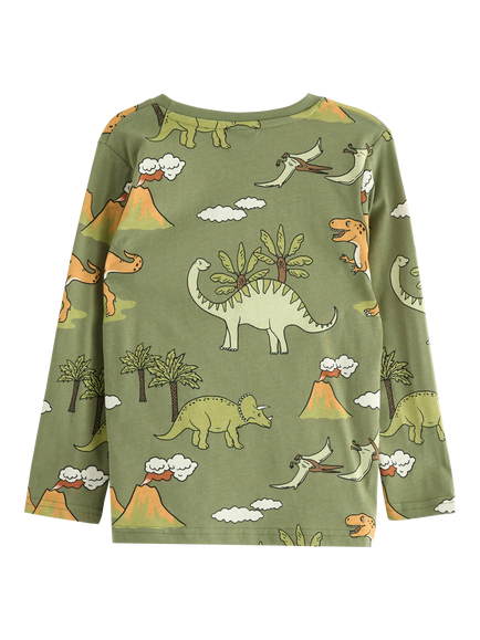 Lindex Kids' Cotton Long Sleeved Dinosaur Print Top, Light Dusty Green - view 2, Light Dusty Green