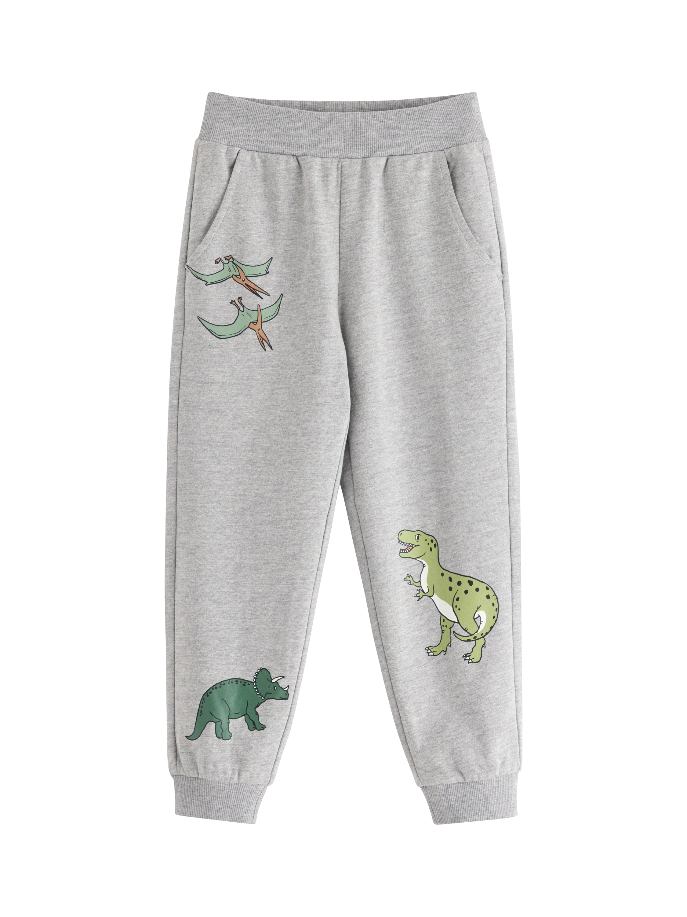 Product image 1 of 3, which shows Lindex Kids' Cotton Blend Dinosaur Print Jogging Bottoms, Grey Melange, 3-4 years
