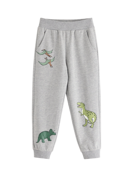Lindex Kids' Cotton Blend Dinosaur Print Jogging Bottoms, Grey Melange, Grey Melange