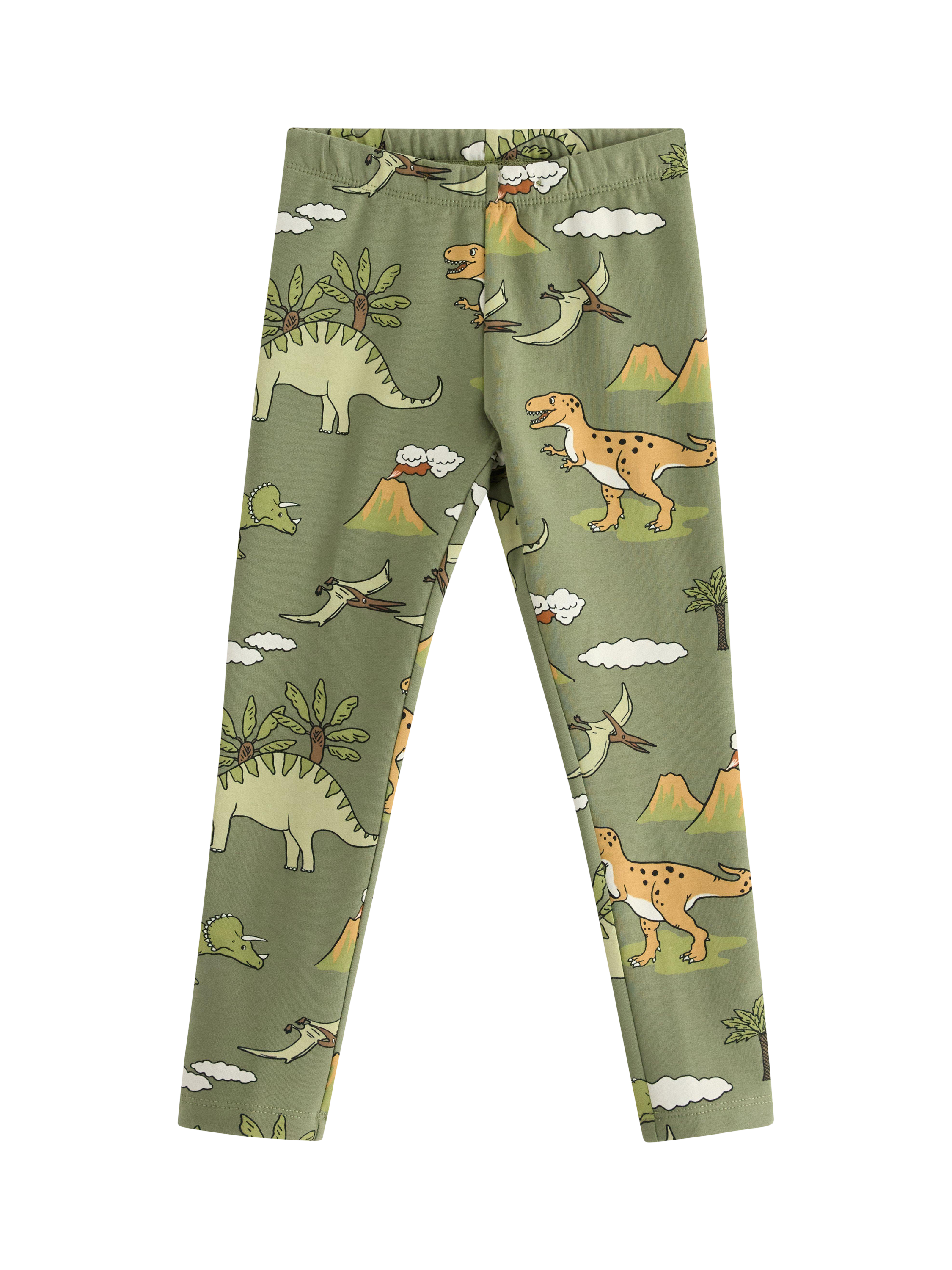 Product image 1 of 3, which shows Lindex Kids' Elasticated Dinosaur Print Leggings, Light Dusty Green, 2-3 years