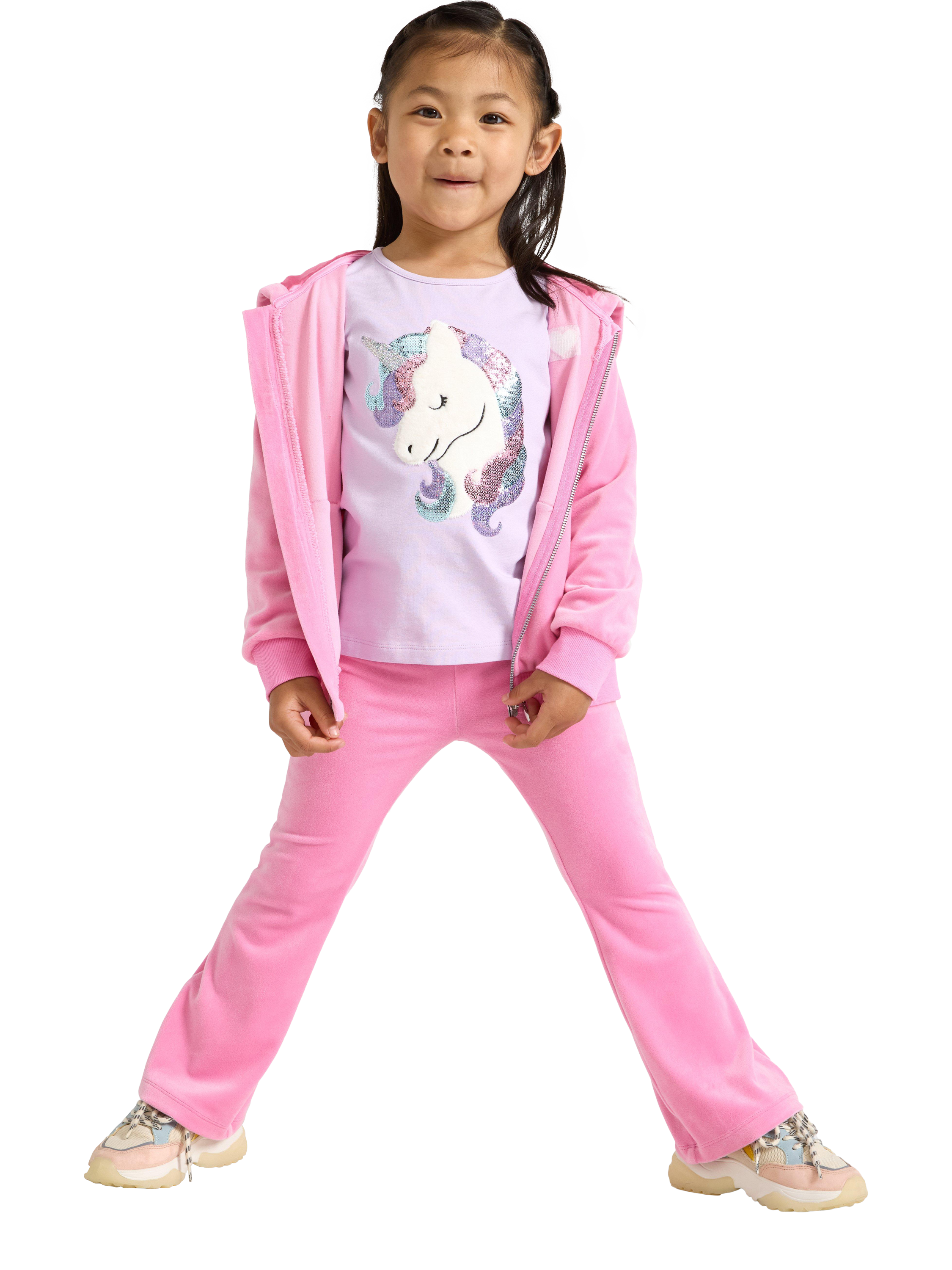 Product image 1 of 6, which shows Lindex Kids' Velour Elasticated Flared Leggings, Pink, 2-3 years