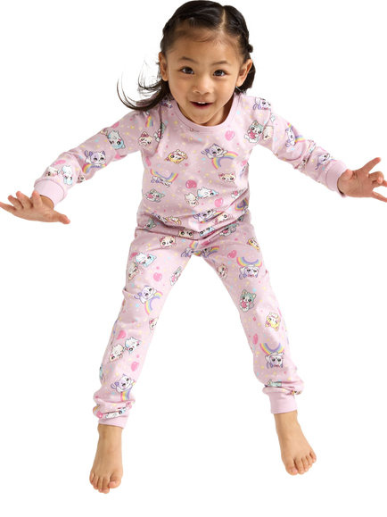 Lindex Kids' Cotton Long Sleeved Cat Print Pyjama Set, Dusty Pink - view 2, Dusty Pink