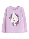 Lindex Kids' Cotton Long Sleeved Sequin Unicorn Top, Light Lilac