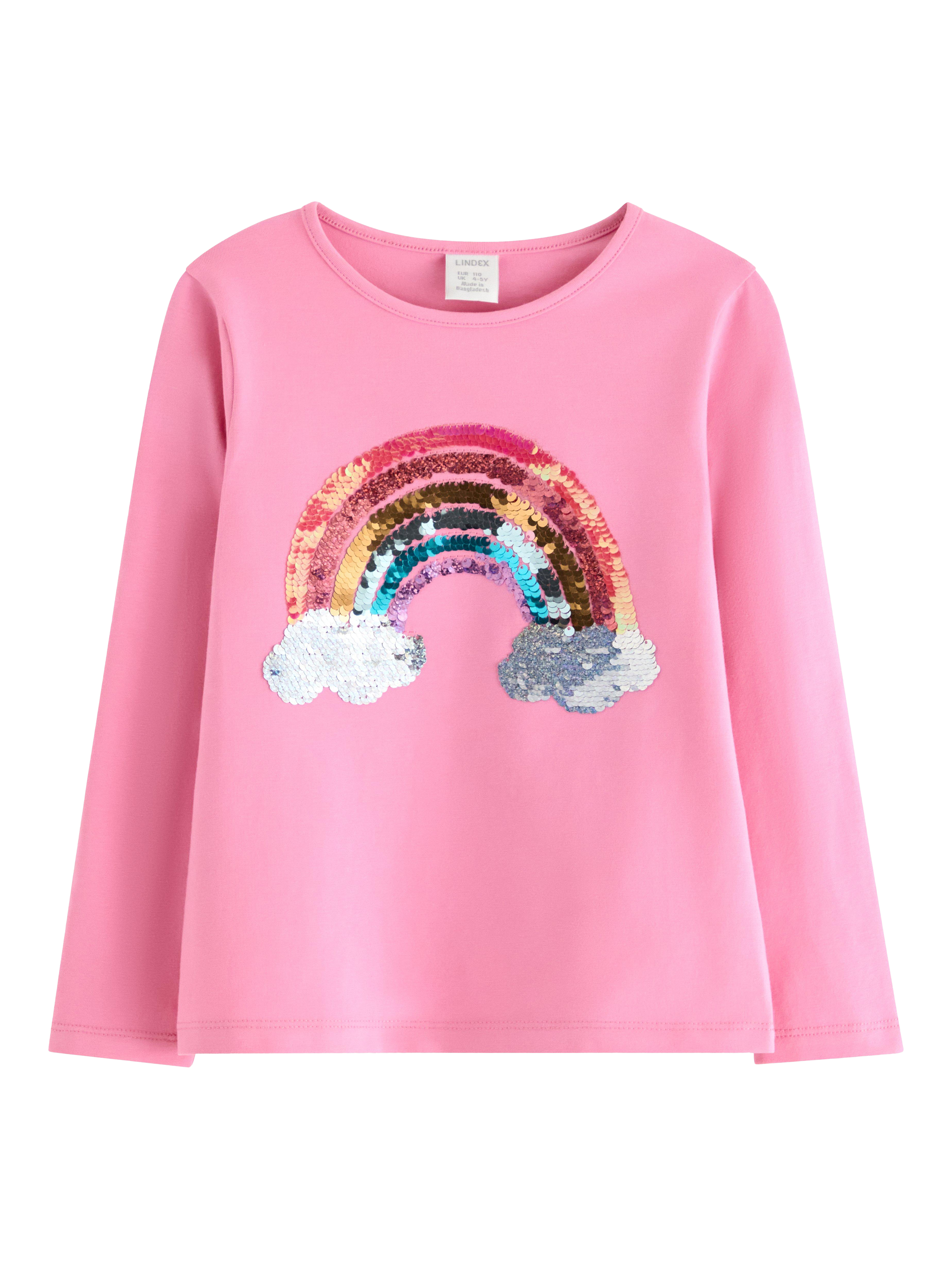 Product image 1 of 3, which shows Lindex Kids' Cotton Long Sleeved Sequin Rainbow Top, Pink, 6-7 years