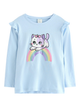 Lindex Kids' Cotton Long Sleeved Rainbow Cat Top, Light Blue