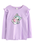 Lindex Kids' Cotton Long Frill Sleeved Cat Top, Light Lilac