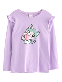Lindex Kids' Cotton Long Frill Sleeved Cat Top, Light Lilac, Light Lilac